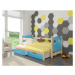 Dětská postel Campos s přistýlkou Rám: Borovice bílá, Čela a šuplíky: Modrá