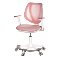 Dětská židle, růžová síťovina, bílý plastový kříž, kolečka na tvrdé podlahy, podpěrka nohou