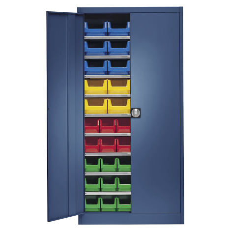 mauser Skladová skříň, jednobarevná, s 50 přepravkami s viditelným obsahem, 9 polic, modrá, od 3