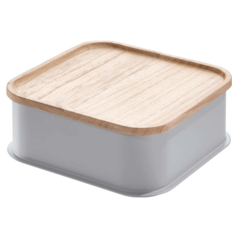 Šedý úložný box s víkem ze dřeva paulownia iDesign Eco, 21,3 x 21,3 cm