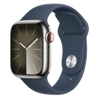 Apple Watch Series 9 41mm Cellular Stříbrný nerez s bouřkově modrým sportovním řemínkem - M/L