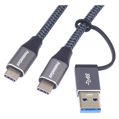 PremiumCord USB-C kabel ( USB 3.2 GEN 2x2, 5A, 100W, 20Gbit/s ) bavlněný oplet + redukce 2m