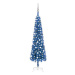Úzký vánoční stromek s LED diodami a sadou koulí modrý 210 cm