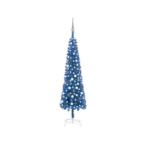 Úzký vánoční stromek s LED diodami a sadou koulí modrý 210 cm SHUMEE
