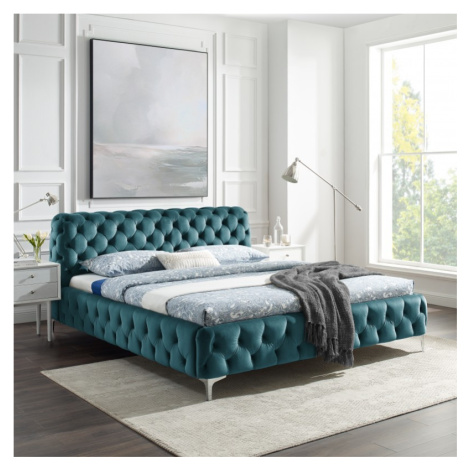 Estila Luxusní chesterfield manželská postel Modern Barock v tyrkysové barvě se stříbrnými nožič