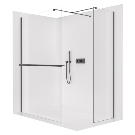 CERANO Sprchová zástěna Walk-in Onyx T L/P 8 mm hranatá vzpěra + polička/držák na ručníky černá 