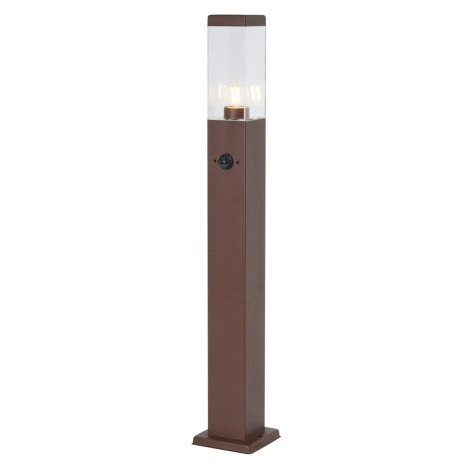 Venkovní lampa rezavě hnědá s čirým sklem 80 cm IP44 se zásuvkou a senzorem pohybu - Malios QAZQA