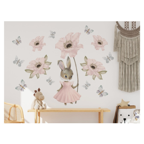 DEKORACJAN Nálepka na zeď - Králičí holčička s květy a motýly