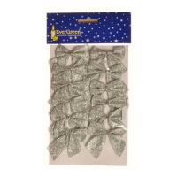 Vánoční ozdoba Mašle glitter 12 ks, stříbrná, 5,5 cm