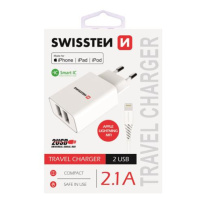 SWISSTEN SÍŤOVÝ ADAPTÉR SMART IC 2x USB 2,1A POWER + DATOVÝ KABEL USB / LIGHTNING MFi 1,2 M, BÍL