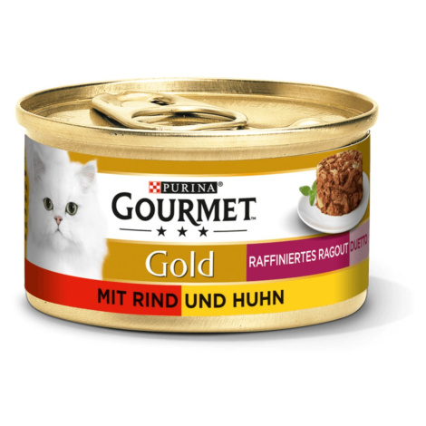 Krmivo pro kočky značky GOURMET Gold, Rafinované ragú Duetto s hovězím a kuřecím masem 24 × 85 g