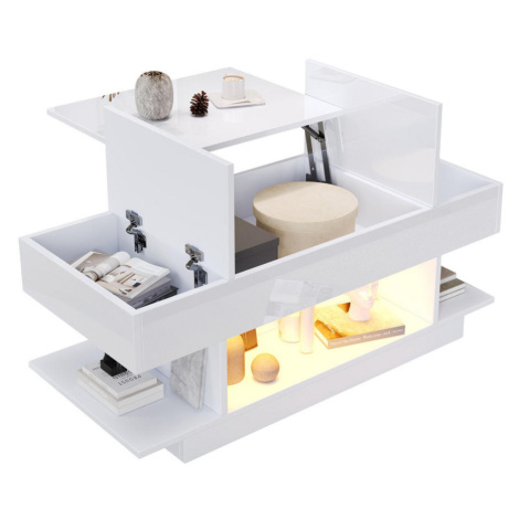 Redom KONFERENČNÍ stolek 98/45/40 cm s výklopnou deskou, LED osvětlením a úložným prostorem, Bíl