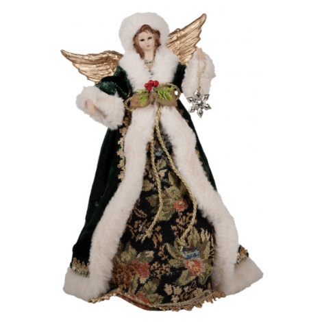 Vánoční dekorace anděl se zlatými křídly v zeleném kabátku s kožešinou – 28 cm Clayre & Eef
