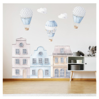 Samolepky do dětského pokoje - Modré domky s horkovzdušnými balóny