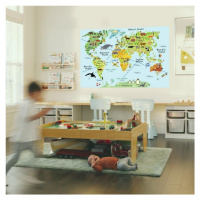 Samolepka na zeď - Mapa světa se zvířaty pro školáky