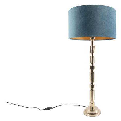 Art Deco stolní lampa zlatý sametový odstín modrý 35 cm - Torre QAZQA