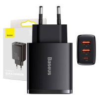 Baseus Compact Quick Charger, 2xUSB, USB-C, PD, 3A, 30W (černá)