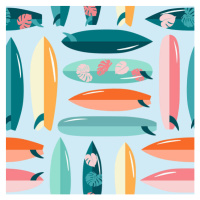 Ilustrace Surfboards with tropical leaves cartoon summer, Alina Beketova, 40 × 40 cm