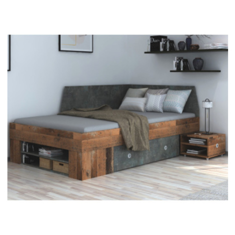 Úložná postel se zástěnou Junior 120x200 cm, vintage optika dřeva/tmavý beton Asko