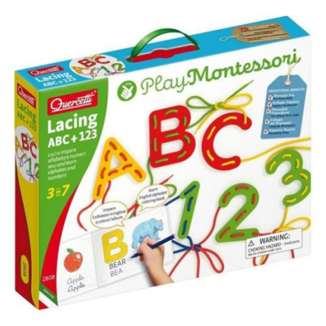 Quercetti Lacing ABC + 123 alphabets and numbers – provlékací souprava s písankou a omalovánkami