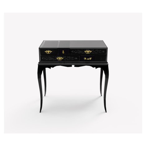 Estila Luxusní černý noční stolek Mondrian z lakovaného masivního dřeva a černého skla se zlatým