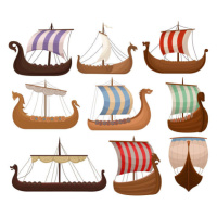 Ilustrace Viking scandinavian draccars set, Norman ship, Pavel Naumov, 40 × 34.3 cm