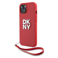 Zaní kryt DKNY PU Leather Stack Logo Wrist Strap pro Apple iPhone 15, červená