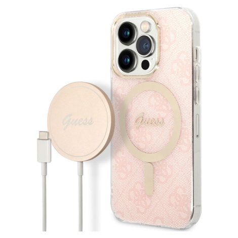 Guess 4G MagSafe kryt + Bezdrátová nabíječka pro iPhone 14 Pro růžová