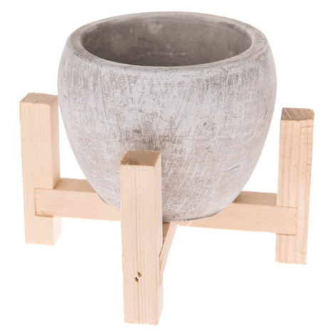 Šedý betonový květináč v dřevěném stojanu Dakls Natural, ø 13 cm