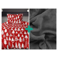Flanelové povlečení CHRISTMAS TREES červené + prostěradlo mikroplyš SOFT 90x200 cm tmavě šedé