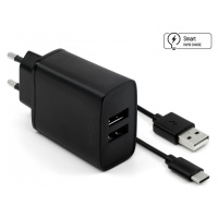 Síťová nabíječka FIXED, 2xUSB a kabel USB/USB-C, 1m, 15W black