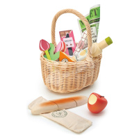 Dřevěný košík s tulipány Wicker Shopping Basket Tender Leaf Toys s čokoládou limonádou sýrem a j