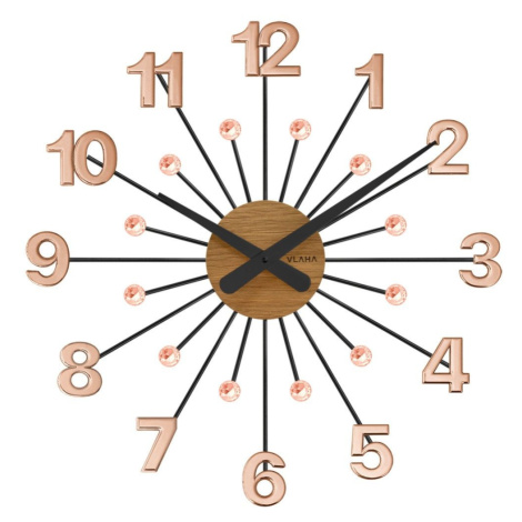 VLAHA VCT1085 - Dřevěné Rosegold černé hodiny s kameny DESIGN vyrobené v Čechách