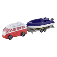 Halsall Teamsterz karavan s přívěsem a lodí (002) červené auto a fialový člun