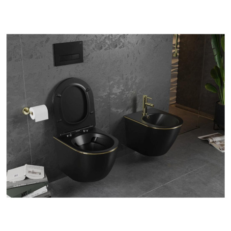 MEXEN Lena Závěsná WC mísa včetně sedátka s slow-slim, duroplast, černá mat/zlatá linka 30224075