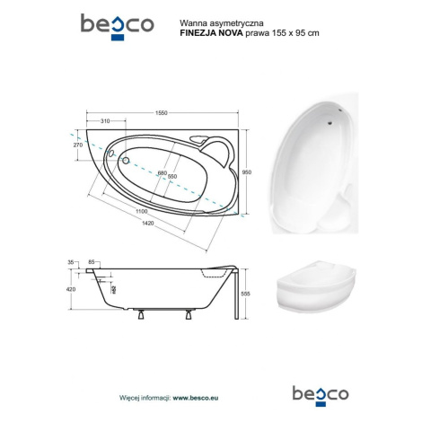 BESCO Asymetrická vana FINEZJA NOVA Nožičky k vaně Bez nožiček, Rozměr vany 155 × 95 Způsob prov