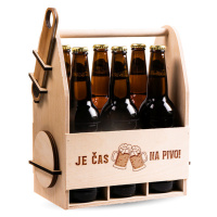 FK Dřevěný nosič na pivo s dřevěným otvírákem + 6ks kulatých podtácků - JE ČAS NA PIVO 32x26x16 
