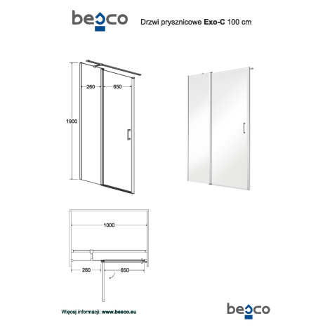BESCO Obdélníkový sprchový kout EXO-C 100 x 90 cm, leštěný hliník, čiré sklo