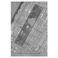 Mapa Map of Manhattan Central Park in gray vintage style, Blursbyai, (26.7 x 40 cm)