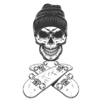 Ilustrace Vintage monochrome skateboarder skull, dgim-studio, 40 × 40 cm