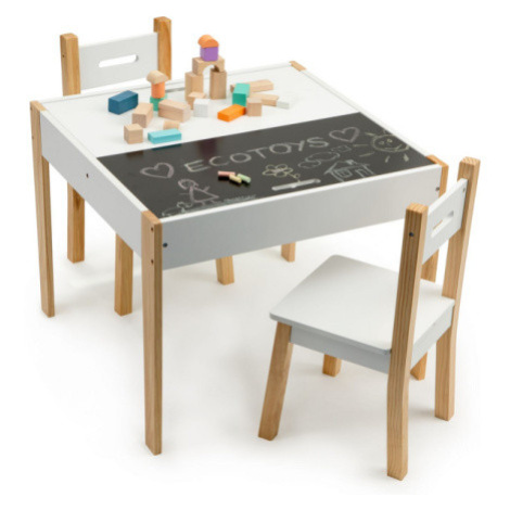 ECOTOYS Dětský dřevěný stůl s tabulí a dvěma židličkami 143082
