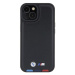 BMW hard kožený obal iPhone 15 6.1" Black Leather Stamp Tricolor