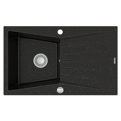 MEXEN Cesar granitový dřez 1-mísa dřez s odkapávač 775x470 mm, černá / kovové zlato 6514771010-7