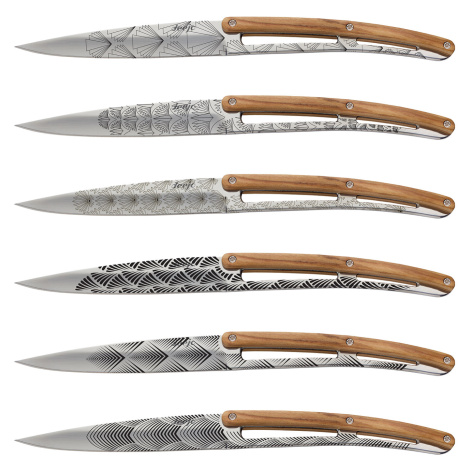 Deejo 2AB012 sada 6 steakových nožů, lesklá čepel, olivové dřevo, design Art Déco