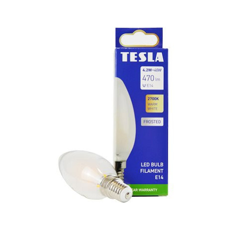Tesla - LED žárovka FILAMENT RETRO svíčka E14, 4.2W, 230V, 470lm, 25 000h, 2700K teplá, 360st,ml