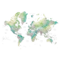 Mapa Watercolor world map with cities in muted green, Oriole, Blursbyai, 40 × 26.7 cm