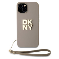 DKNY PU Leather Stack Logo Wrist Strap kryt iPhone 14 béžový