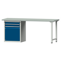 ANKE Dílenský stůl s rámovou konstrukcí, 2 zásuvky, 1 dveře, deska s potahem z ocelového plechu,