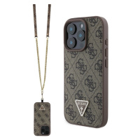 Guess PU 4G Strass Triangle Metal Logo kryt + Crossbody Popruh pro iPhone 16 Pro hnědý