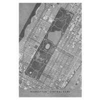 Mapa Map of Manhattan Central Park in gray vintage style, Blursbyai, (26.7 x 40 cm)